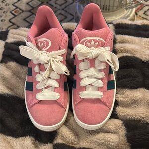 adidas Pink and White Sneakers with Suede Upper and Thick Laces